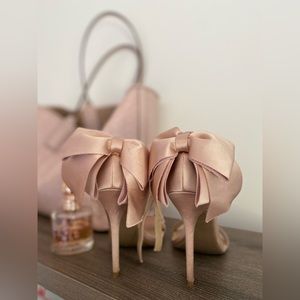 Lulus Ayanna Blush Satin Bow Ankle Strap High Heel Sandals Size 8